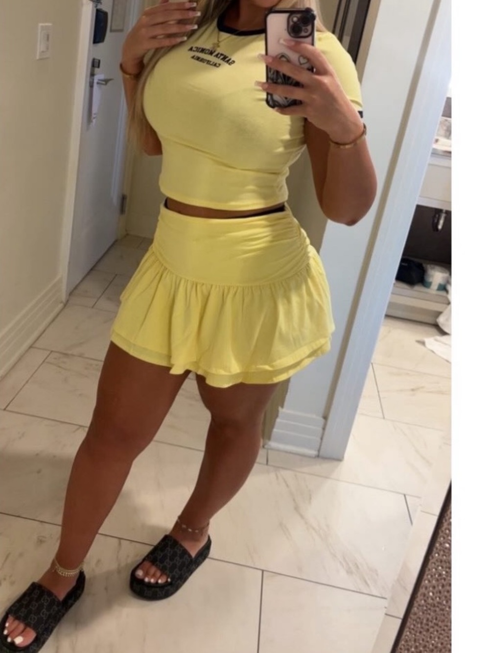Fashion Nova Yellow 2 piece skirt set with Navy Trim